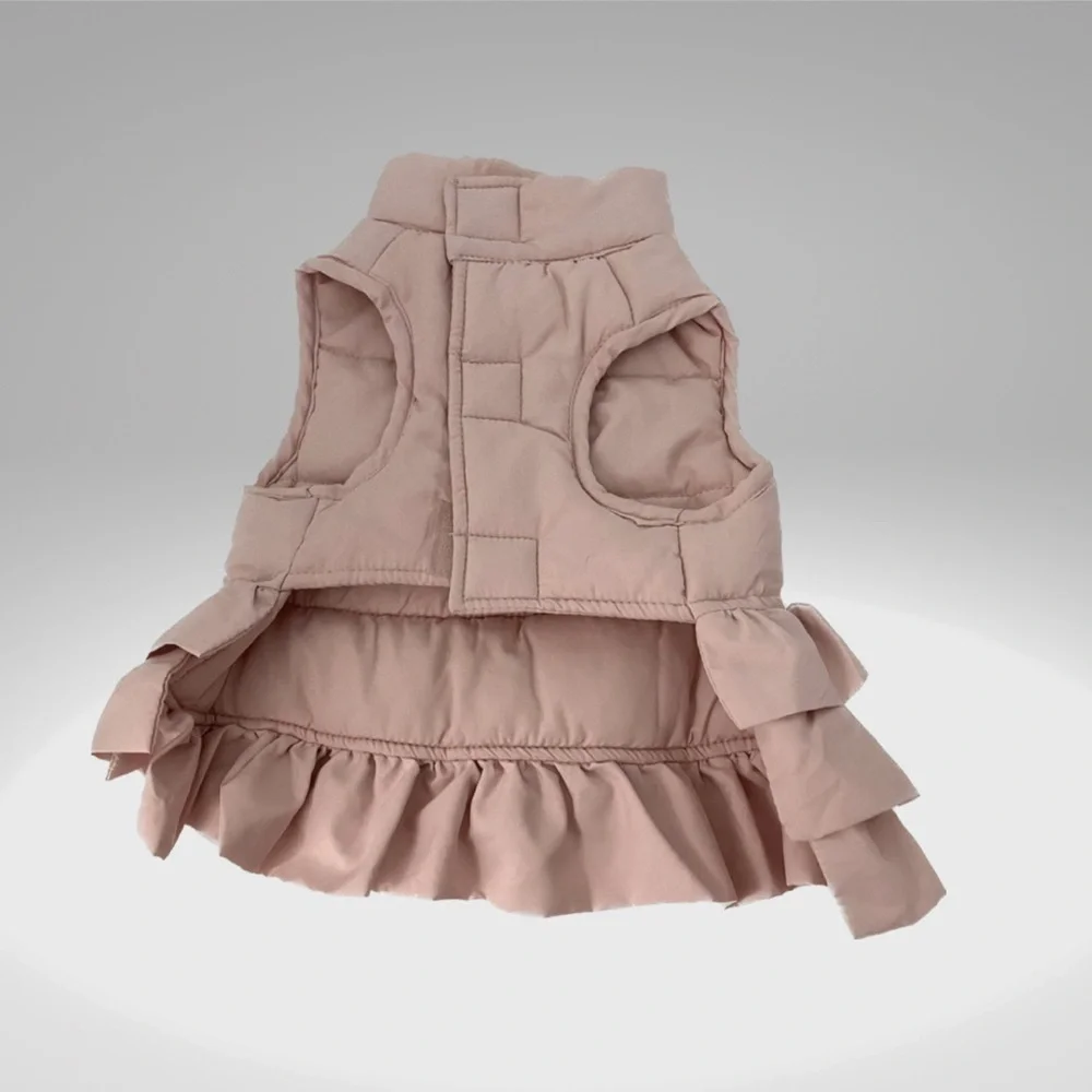 pink ruffled quilted dog or cat coat with a three tier ruffle